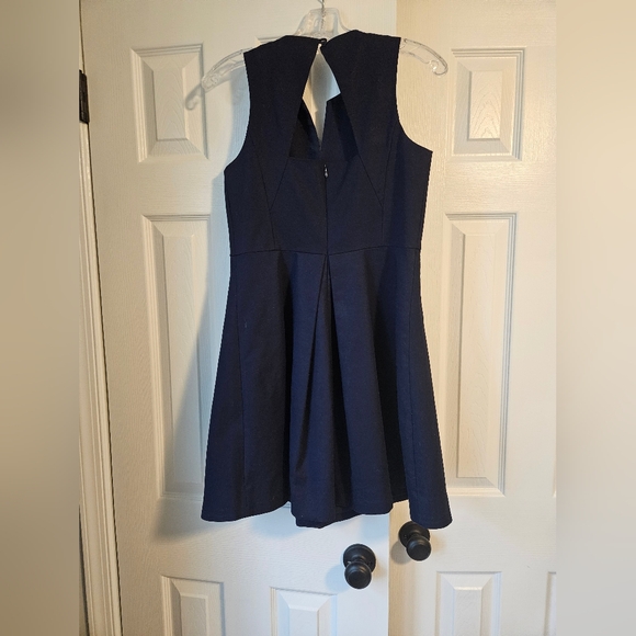 Halston Heritage Navy Split Neck Fit Flare Dress - Picture 8 of 12